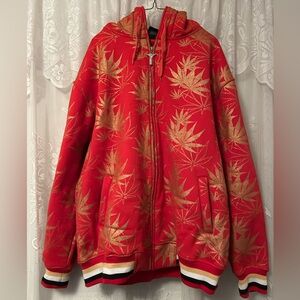 Danyah Early 2000s Red Botanical Leaf Print Zip Up Hoodie Jacket Gold Foil XL